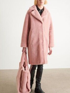 STAND STUDIO Camille Cocoon Teddy Coat Light Pink Faux Fur Designer Quiet Luxury